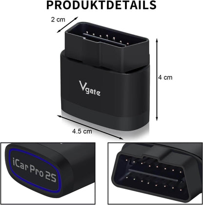 Vgate iCar Pro 2S Bluetooth OBD2 Diagnostic Tool for iOS showing dimensions and connectors.