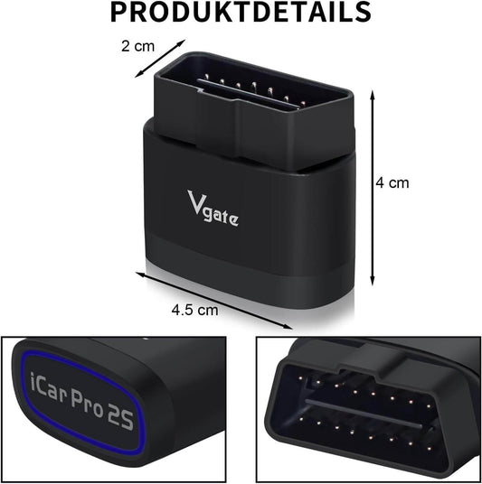 Vgate iCar Pro 2S Bluetooth OBD2 Diagnostic Tool for iOS showing dimensions and connectors.