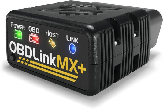 OBDLink MX+ OBD2 Bluetooth Scanner for iPhone, Android, and Windows device with LED indicators.