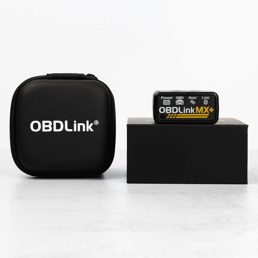 OBDLink MX+ OBD2 Bluetooth Scanner for iPhone, Android, and Windows displayed with its case.